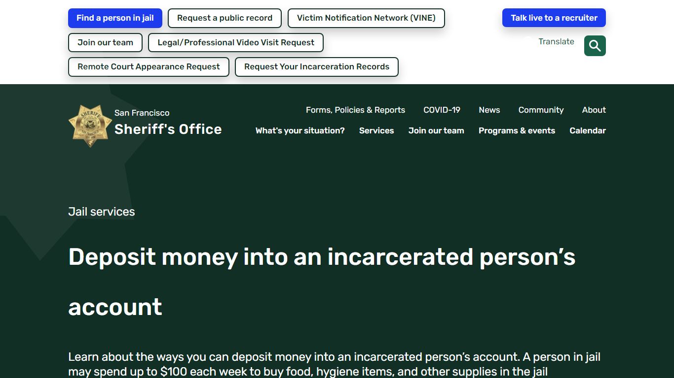 Deposit money into an incarcerated person’s account | San Francisco ...